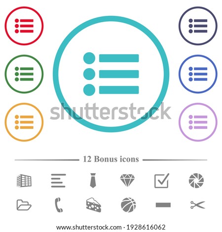 Bullet list flat color icons in circle shape outlines. 12 bonus icons included.