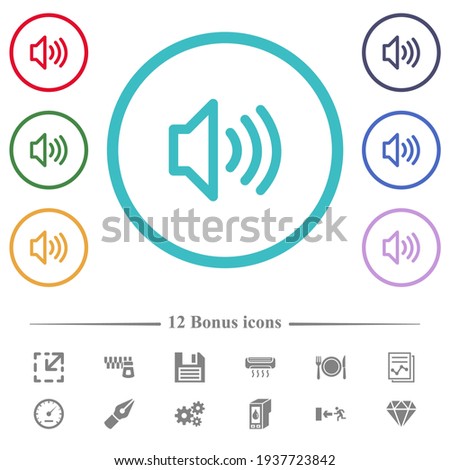 Volume flat color icons in circle shape outlines. 12 bonus icons included.