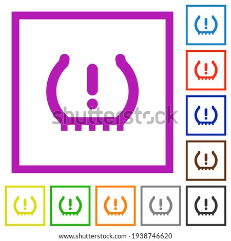 Car tire pressure warning indicator flat color icons in square frames on white background
