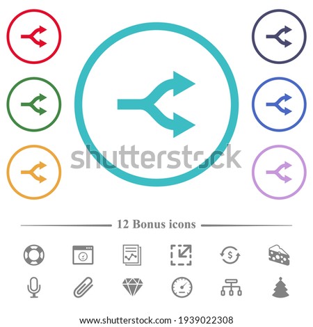 Split arrows right flat color icons in circle shape outlines. 12 bonus icons included.