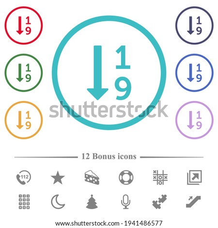 Ascending numbered list flat color icons in circle shape outlines. 12 bonus icons included.