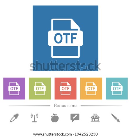 OTF file format flat white icons in square backgrounds. 6 bonus icons included.