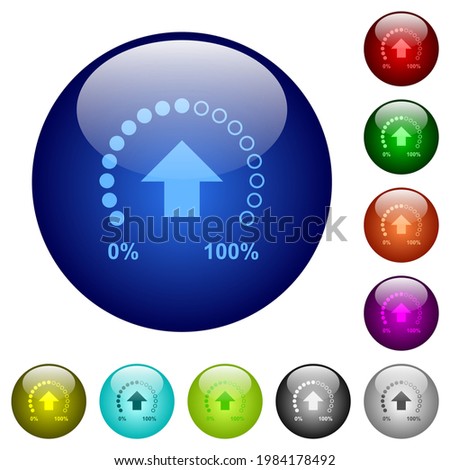 Upload in progress icons on round glass buttons in multiple colors. Arranged layer structure