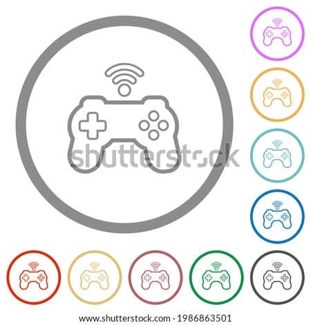Wireless game controller flat color icons in round outlines on white background