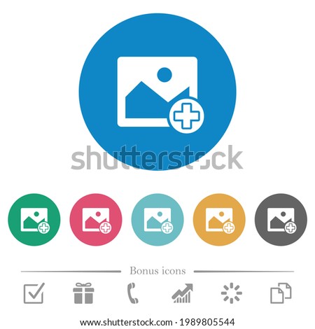 Add new image flat white icons on round color backgrounds. 6 bonus icons included.