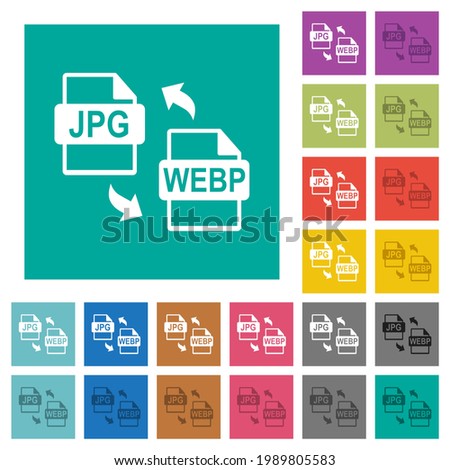 JPG WEBP file conversion multi colored flat icons on plain square backgrounds. Included white and darker icon variations for hover or active effects.