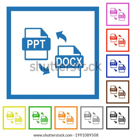 PPT DOCX file conversion flat color icons in square frames on white background