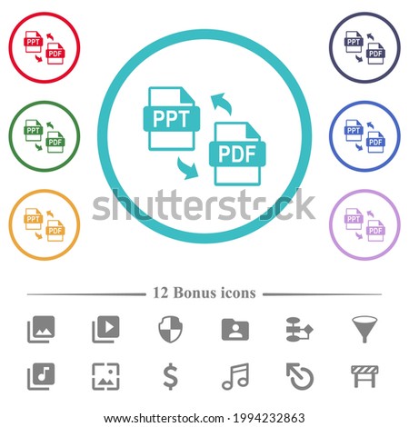 PPT PDF file conversion flat color icons in circle shape outlines. 12 bonus icons included.