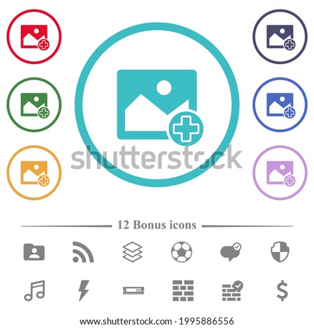 Add new image flat color icons in circle shape outlines. 12 bonus icons included.