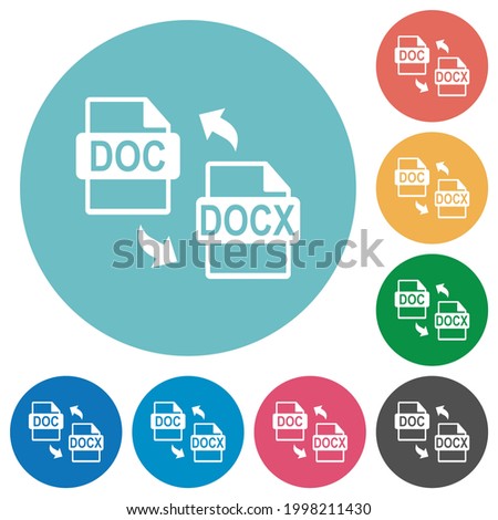 DOC DOCX file conversion flat white icons on round color backgrounds