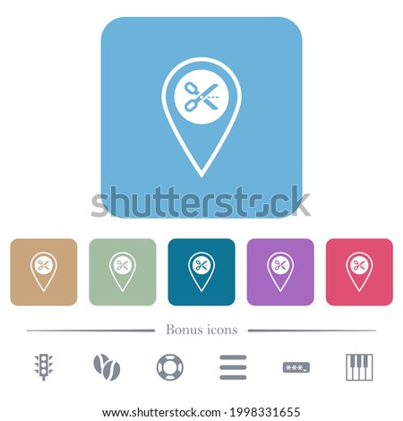Cut GPS location white flat icons on color rounded square backgrounds. 6 bonus icons included