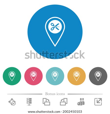 Cut GPS location flat white icons on round color backgrounds. 6 bonus icons included.