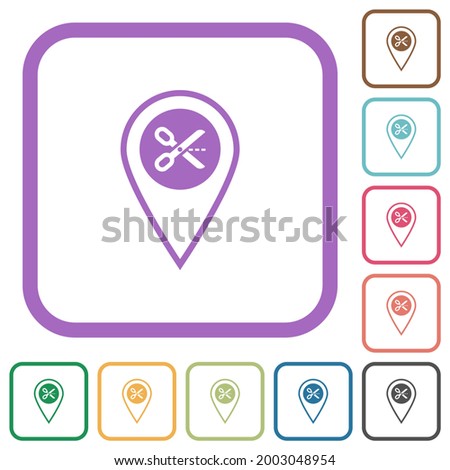 Cut GPS location simple icons in color rounded square frames on white background