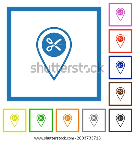 Cut GPS location flat color icons in square frames on white background