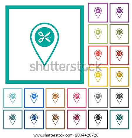 Cut GPS location flat color icons with quadrant frames on white background