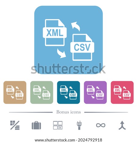 XML CSV file conversion white flat icons on color rounded square backgrounds. 6 bonus icons included