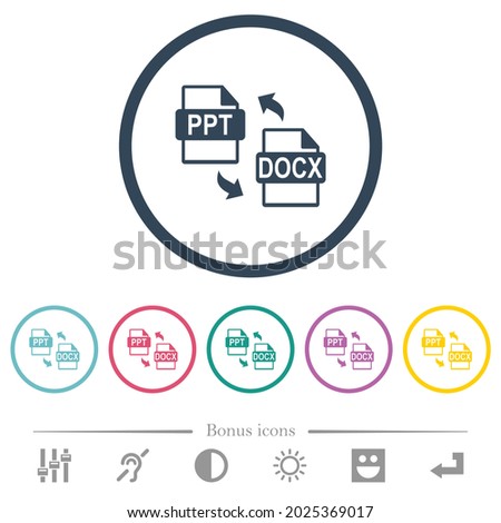 PPT DOCX file conversion flat color icons in round outlines. 6 bonus icons included.