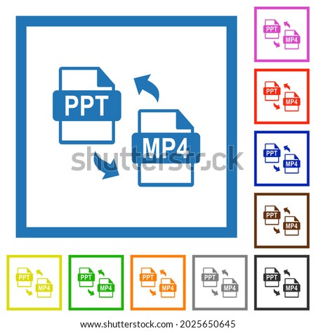 PPT MP4 file conversion flat color icons in square frames on white background