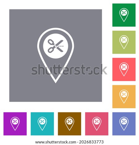 Cut GPS location flat icons on simple color square backgrounds