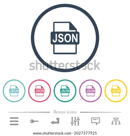 JSON file format flat color icons in round outlines. 6 bonus icons included.