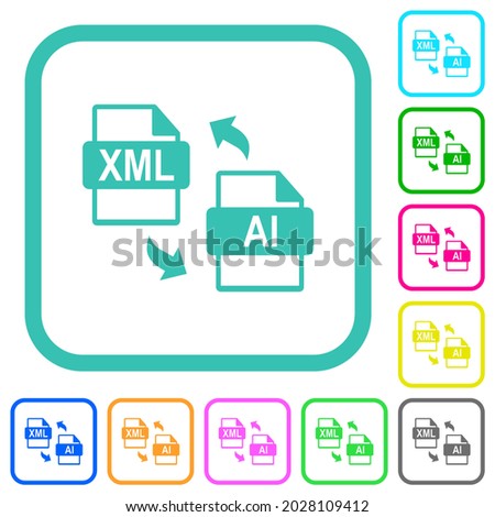 XML AI file conversion vivid colored flat icons in curved borders on white background