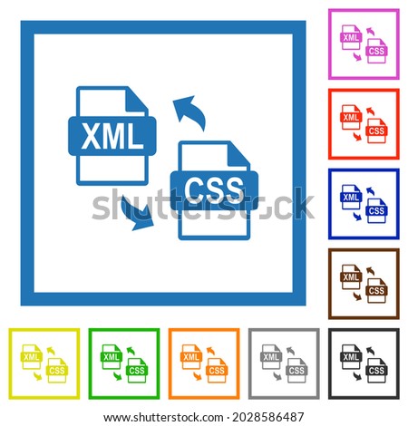 XML CSS file conversion flat color icons in square frames on white background