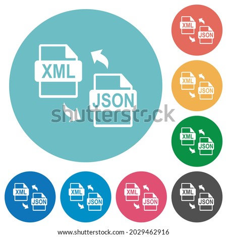 XML JSON file conversion flat white icons on round color backgrounds