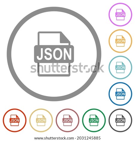 JSON file format flat color icons in round outlines on white background