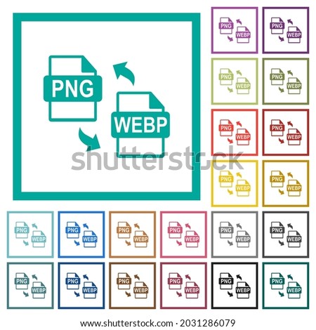 PNG WEBP file conversion flat color icons with quadrant frames on white background