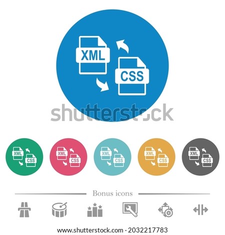 XML CSS file conversion flat white icons on round color backgrounds. 6 bonus icons included.