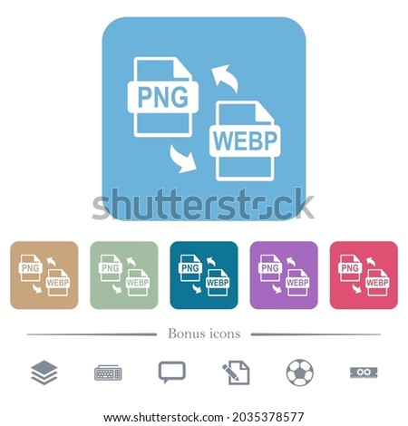 PNG WEBP file conversion white flat icons on color rounded square backgrounds. 6 bonus icons included