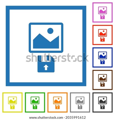 Upload image from floppy disk flat color icons in square frames on white background