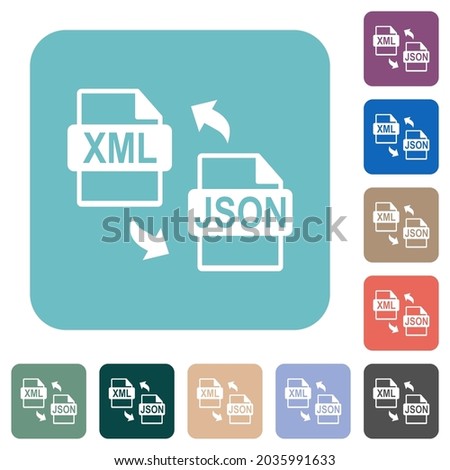 XML JSON file conversion white flat icons on color rounded square backgrounds