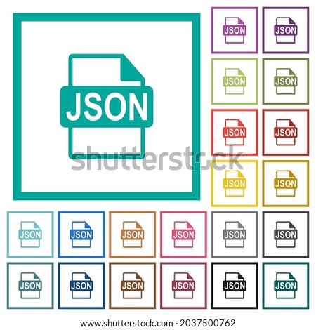 JSON file format flat color icons with quadrant frames on white background