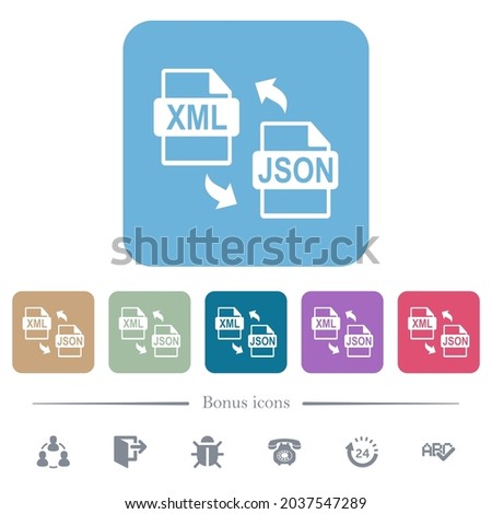XML JSON file conversion white flat icons on color rounded square backgrounds. 6 bonus icons included