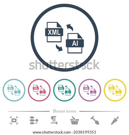 XML AI file conversion flat color icons in round outlines. 6 bonus icons included.