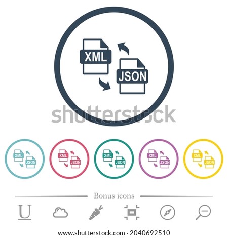 XML JSON file conversion flat color icons in round outlines. 6 bonus icons included.