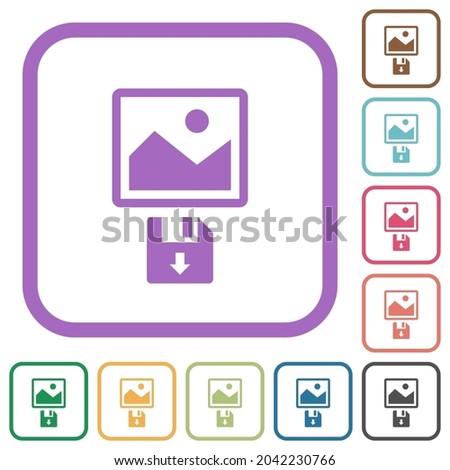 Save image to floppy disk simple icons in color rounded square frames on white background
