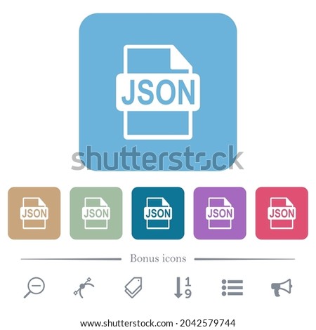JSON file format white flat icons on color rounded square backgrounds. 6 bonus icons included