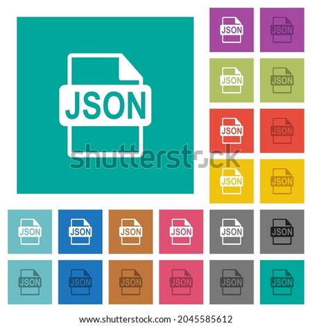 JSON file format multi colored flat icons on plain square backgrounds. Included white and darker icon variations for hover or active effects.