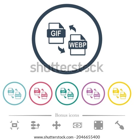 GIF WEBP file conversion flat color icons in round outlines. 6 bonus icons included.