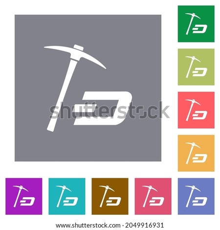 Dash cryptocurrency mining with treasure flat icons on simple color square backgrounds