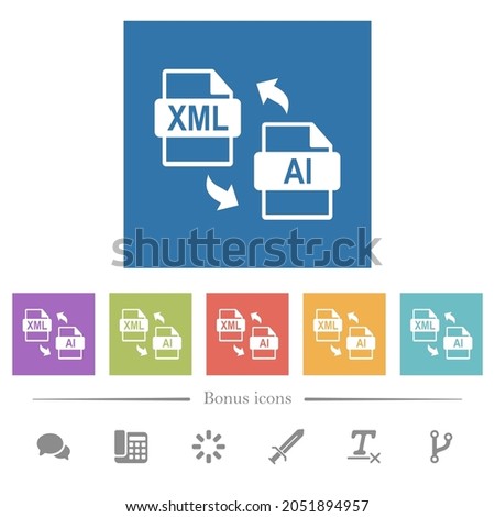 XML AI file conversion flat white icons in square backgrounds. 6 bonus icons included.