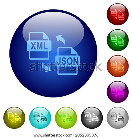 XML JSON file conversion icons on round glass buttons in multiple colors. Arranged layer structure