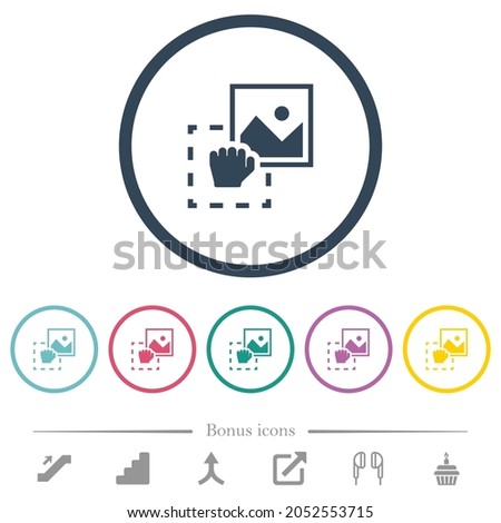 Grab image to upload flat color icons in round outlines. 6 bonus icons included.