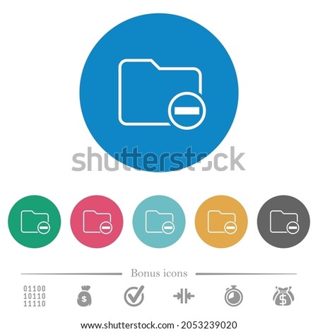 Remove directory outline flat white icons on round color backgrounds. 6 bonus icons included.
