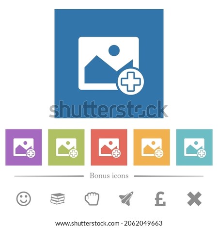 Add new image flat white icons in square backgrounds. 6 bonus icons included.