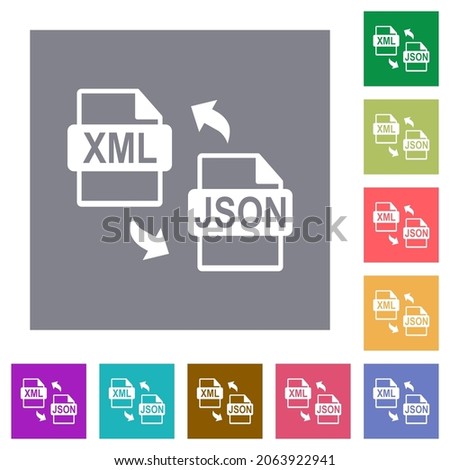 XML JSON file conversion flat icons on simple color square backgrounds
