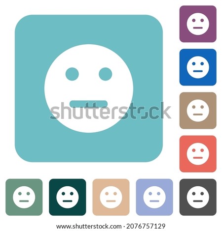 Neutral emoticon solid white flat icons on color rounded square backgrounds
