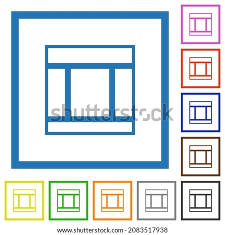 Three columned web layout outline flat color icons in square frames on white background